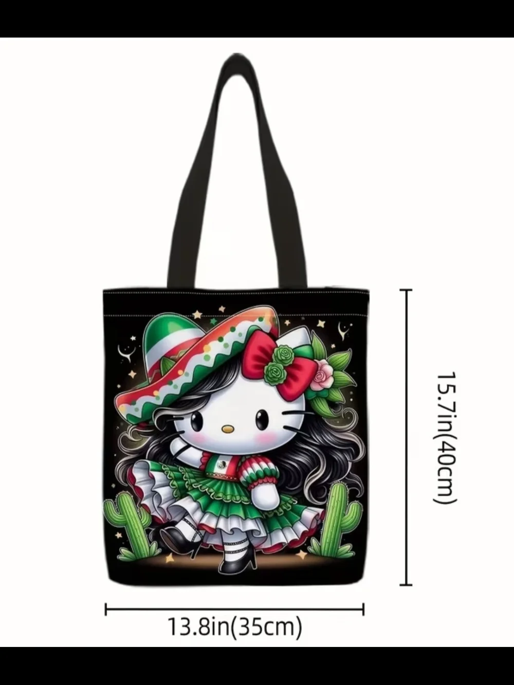 Hello Kitty Black Tote with Green and Red Fiesta Dress Print